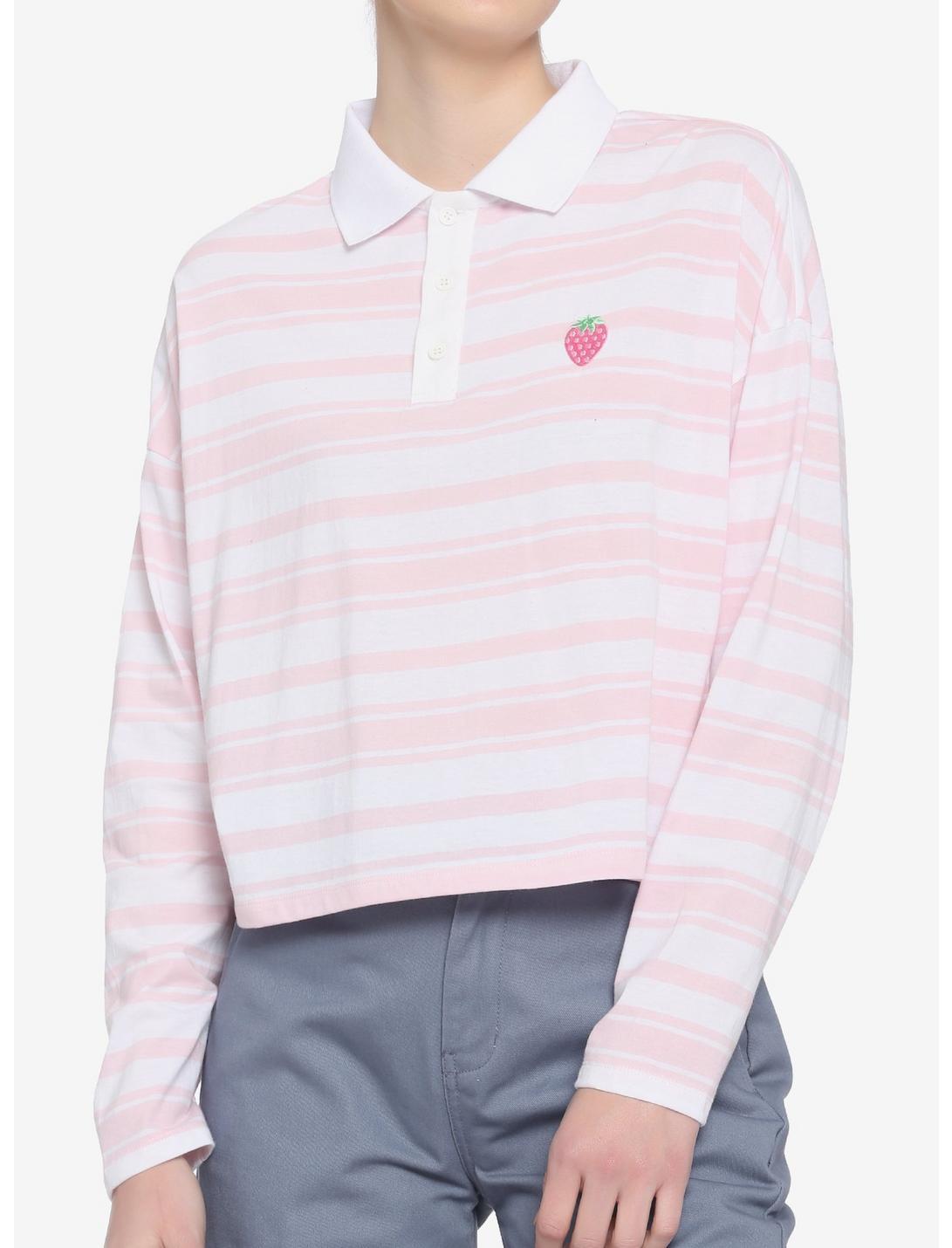 Strawberry Stripe Girls Crop Polo Long-Sleeve Shirt, STRIPE - WHITE, hi-res
