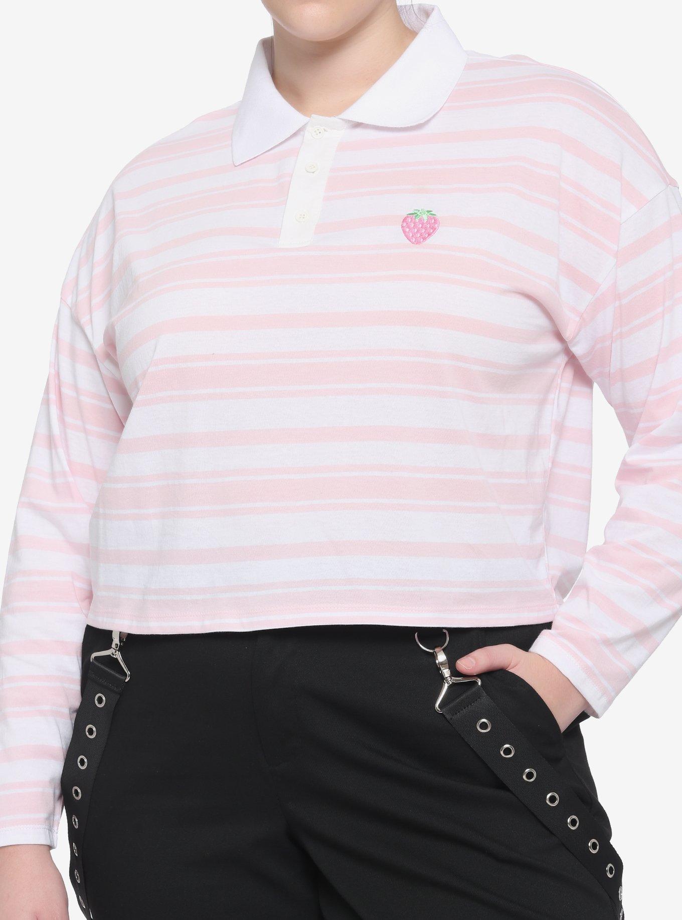 Strawberry Stripe Girls Crop Polo Long-Sleeve Shirt Plus Size, STRIPE - WHITE, hi-res