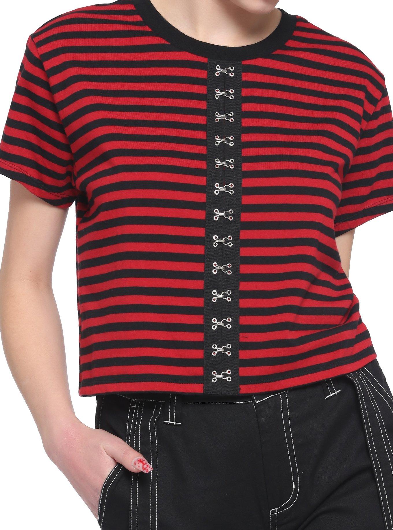 Red & Black Strip Hook 'N' Eye Girls Boxy Crop T-Shirt, STRIPE - RED, hi-res
