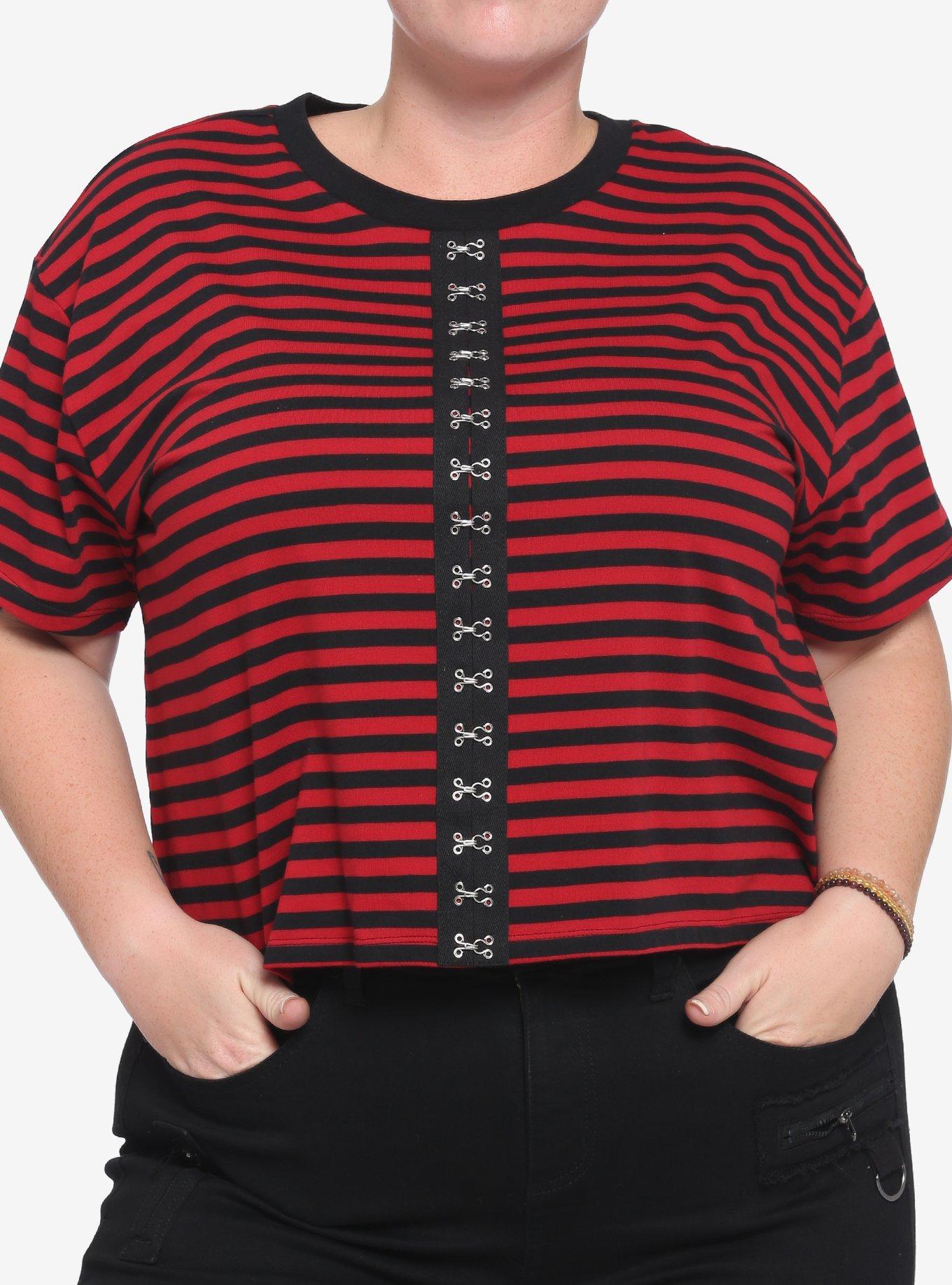 Red & Black Strip Hook 'N' Eye Girls Boxy Crop T-Shirt Plus Size, STRIPE - RED, hi-res