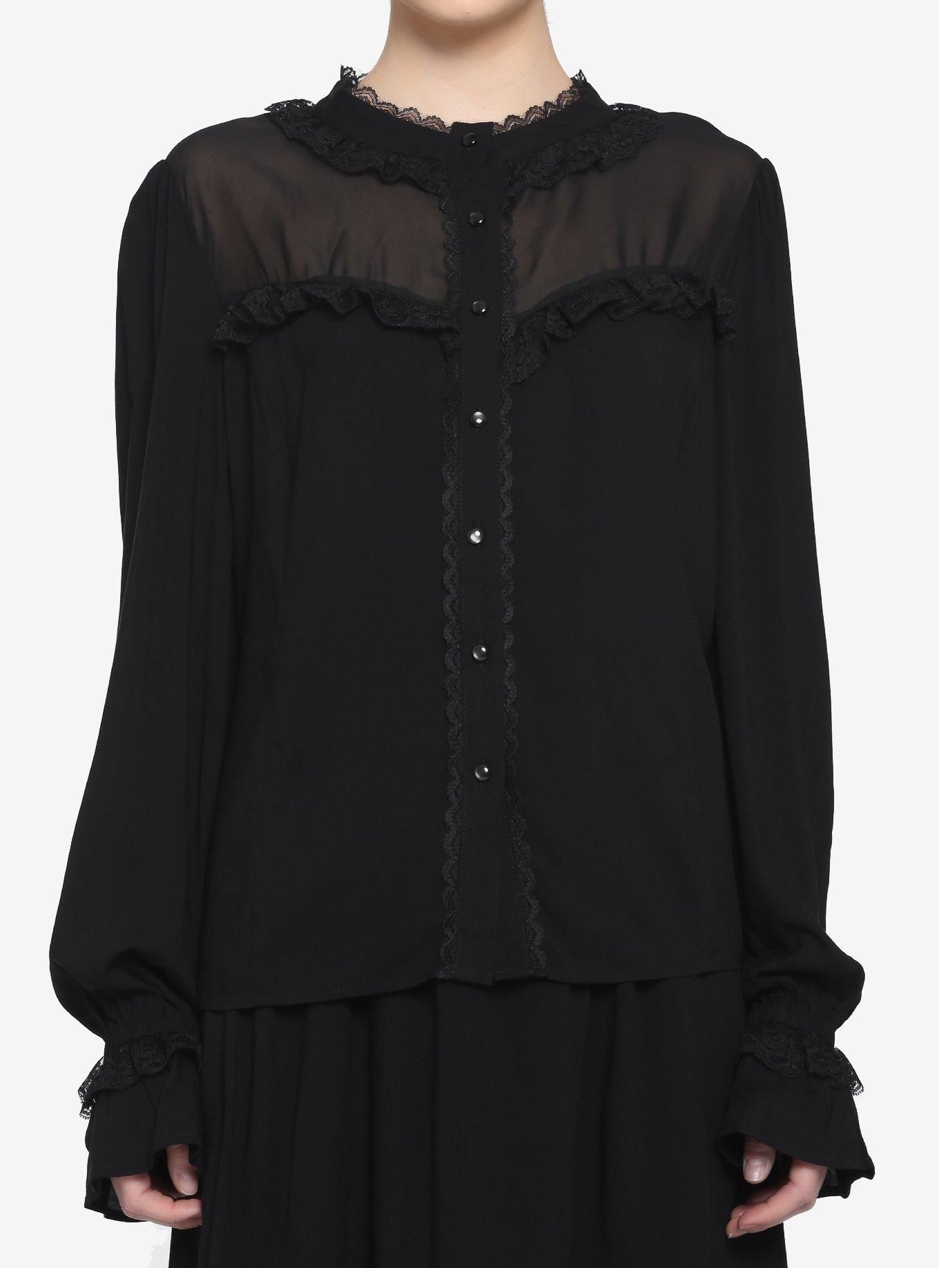 Black Lace Ruffle Girls Woven Top, BLACK, hi-res