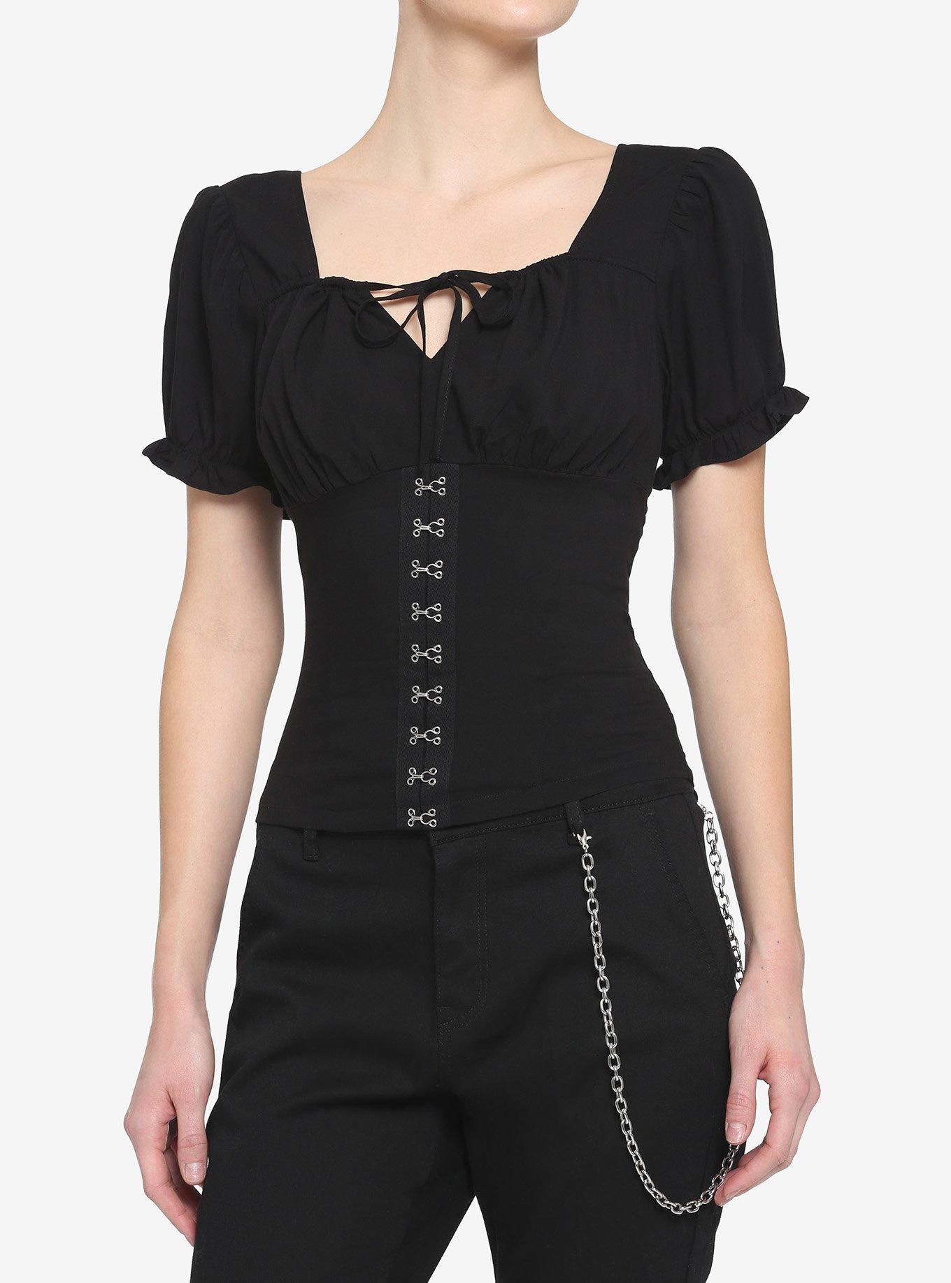 Black Hook-And-Eye Girls Crop Woven Top, BLACK, hi-res