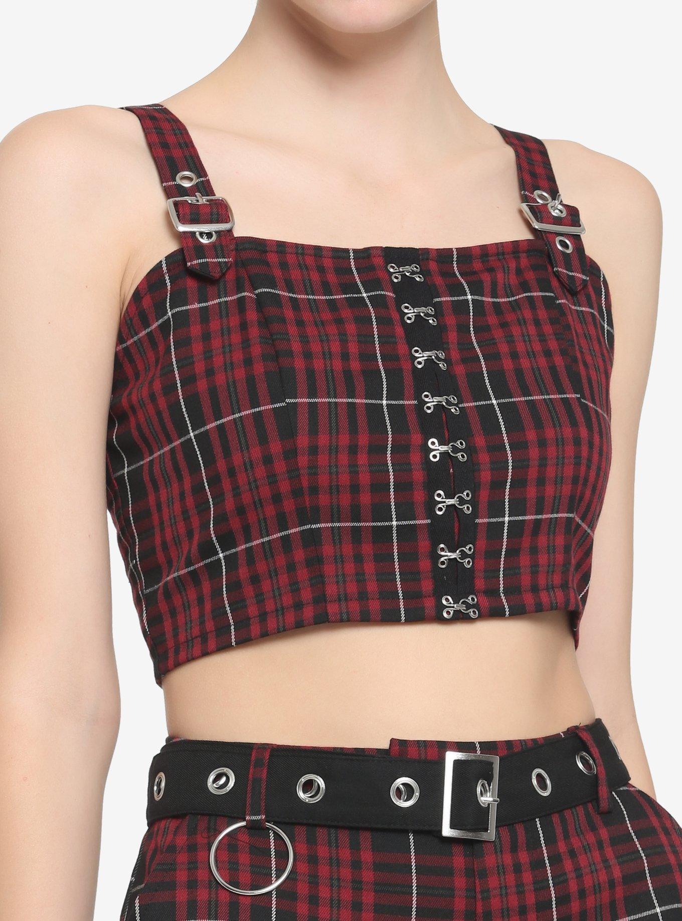 Maroon & Black Plaid Buckle Strap Girls Crop Top, MAROON, hi-res