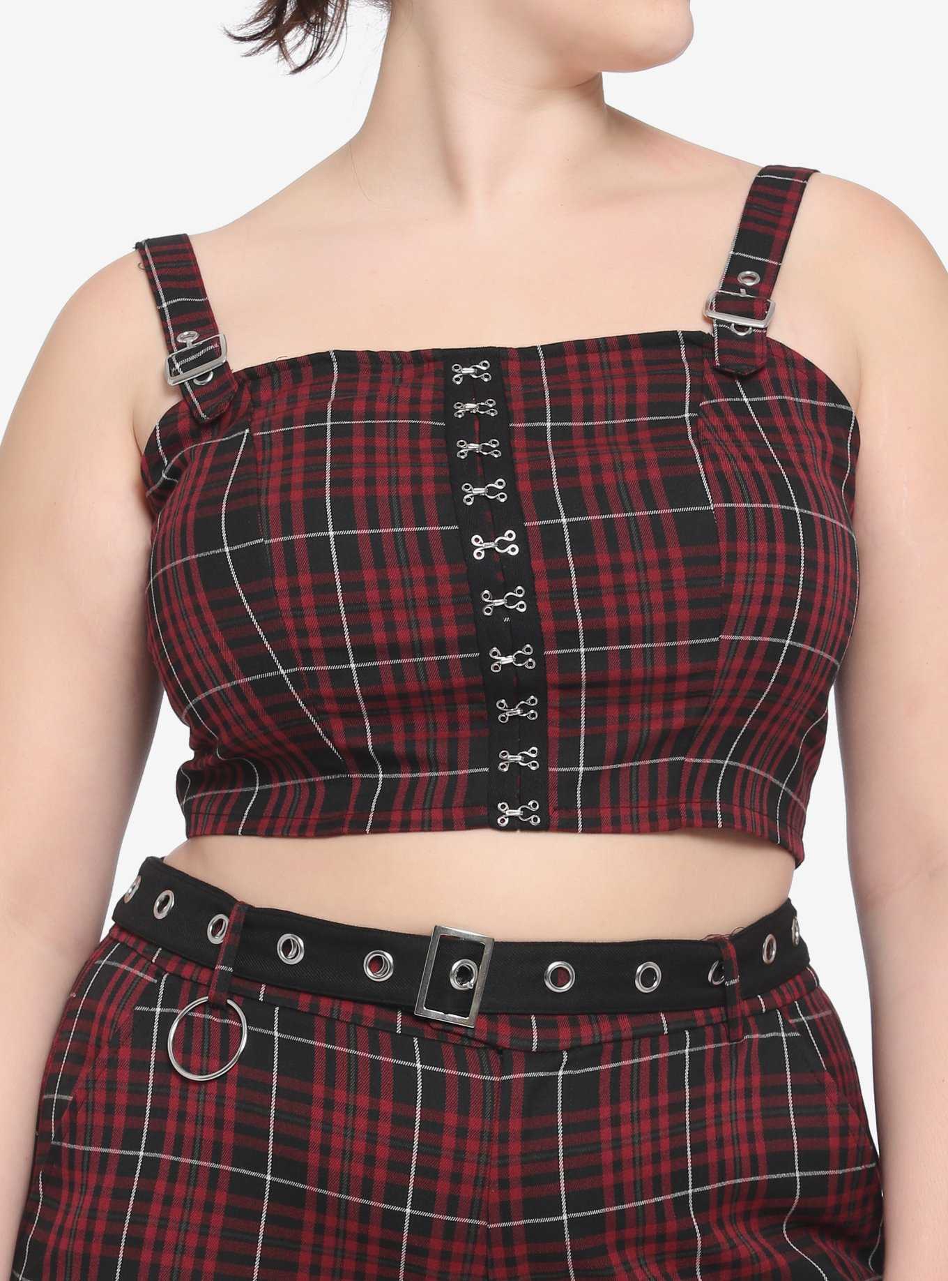Maroon & Black Plaid Buckle Strap Girls Crop Top Plus Size, , hi-res
