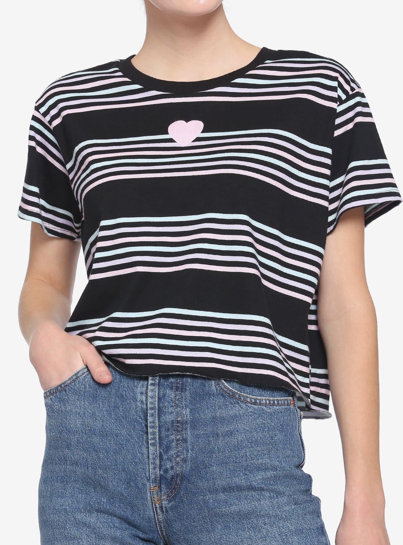 Pastel Stripe Embroidered Heart Girls Boxy Crop T-Shirt, STRIPE - MULTI, hi-res