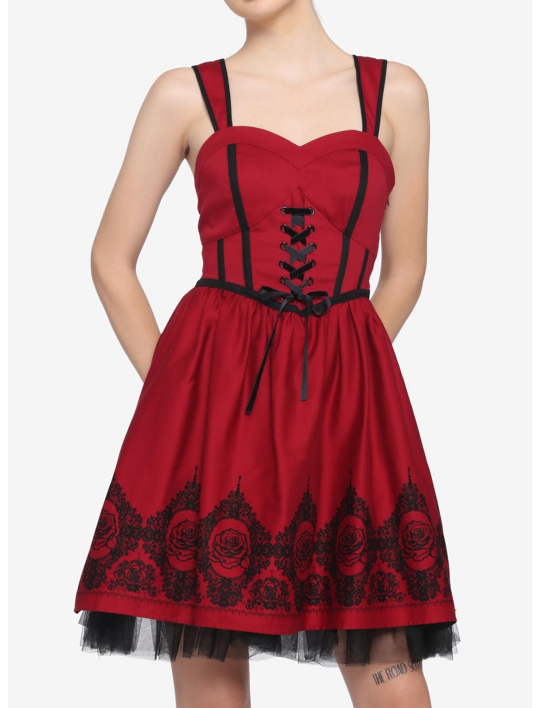 Red Roses Lace-Front Dress, RED, hi-res