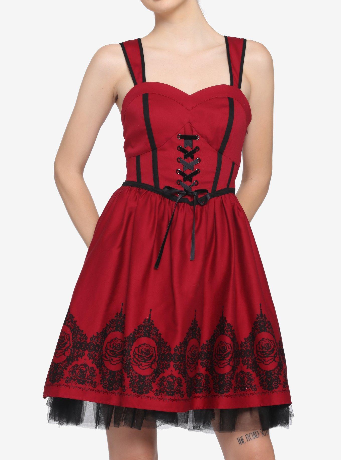 Red Roses Lace-Front Dress, RED, hi-res
