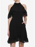 Black Ruffle Cold Shoulder Dress, BLACK, hi-res