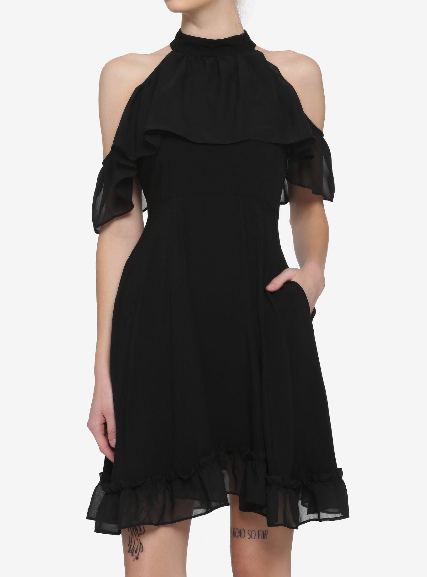 Black Ruffle Cold Shoulder Dress, BLACK, hi-res
