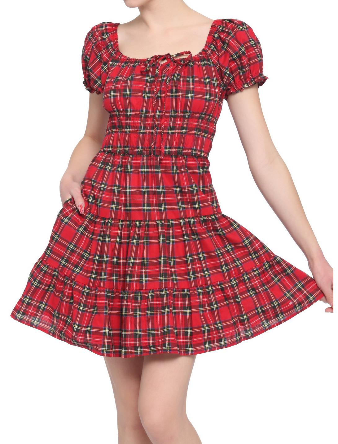 Red Plaid Tie-Front Babydoll Dress, PLAID - RED, hi-res