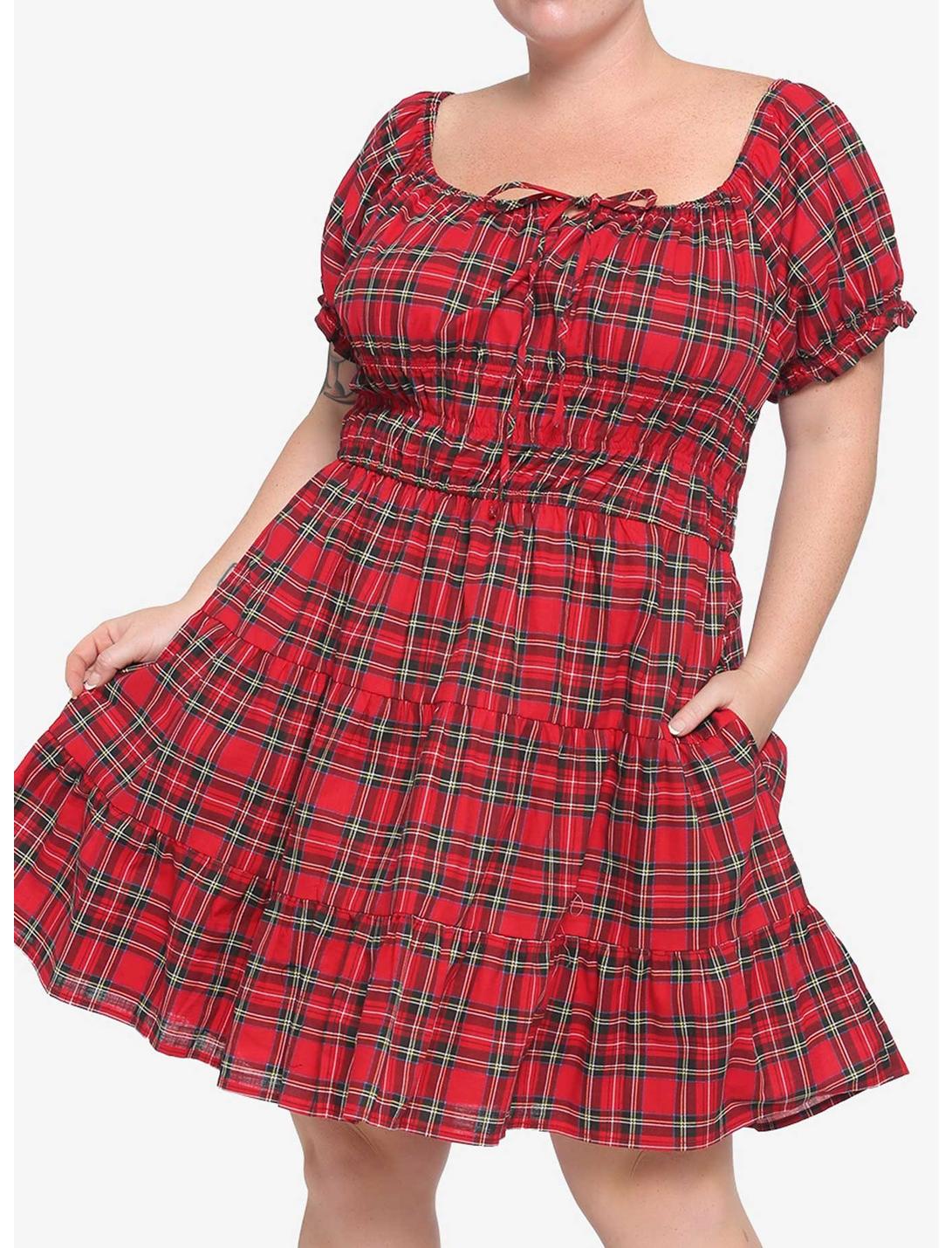 Red Plaid Tie-Front Babydoll Dress Plus Size, PLAID - RED, hi-res