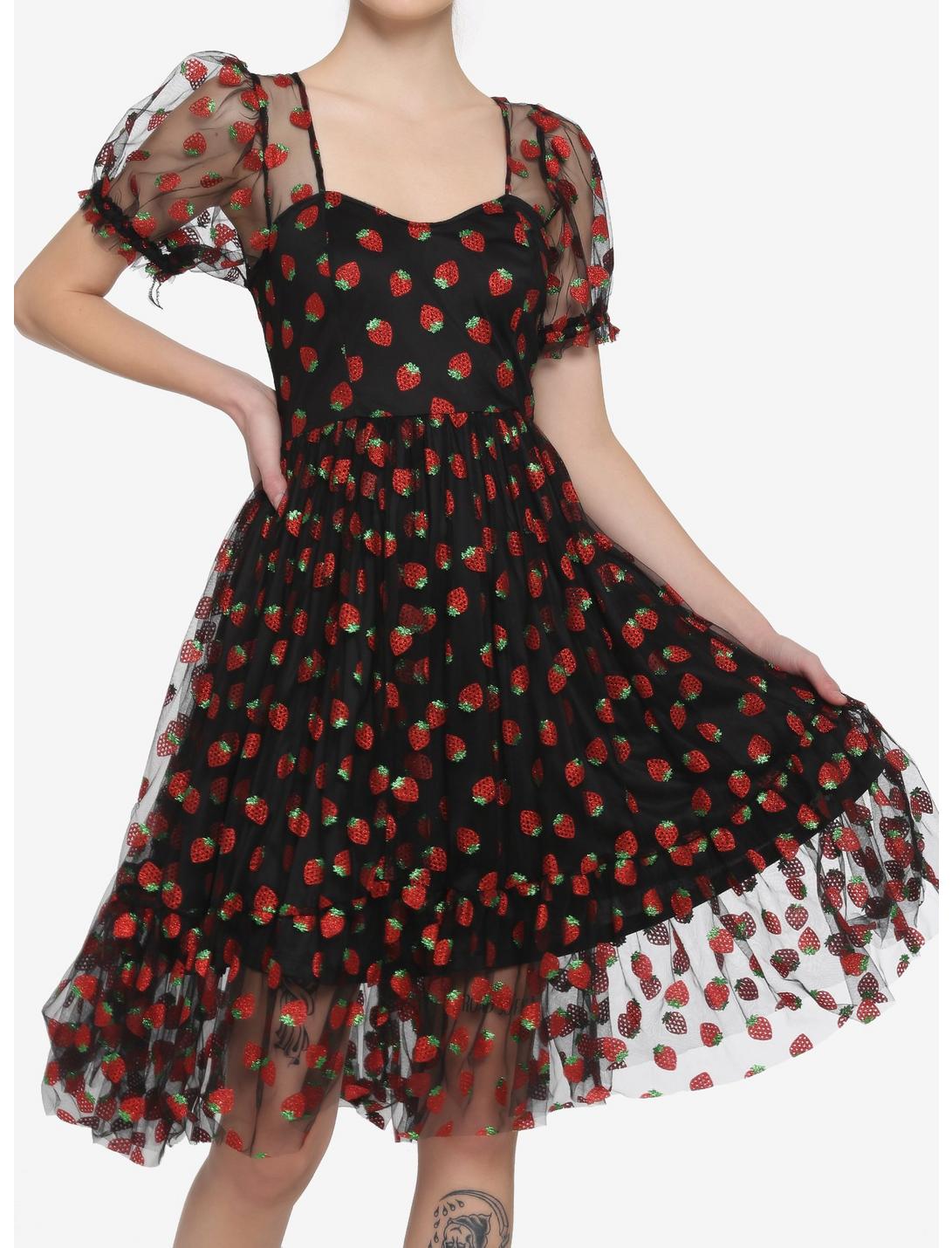 Strawberry Glitter Mesh Dress, STRAWBERRY - BLACK, hi-res
