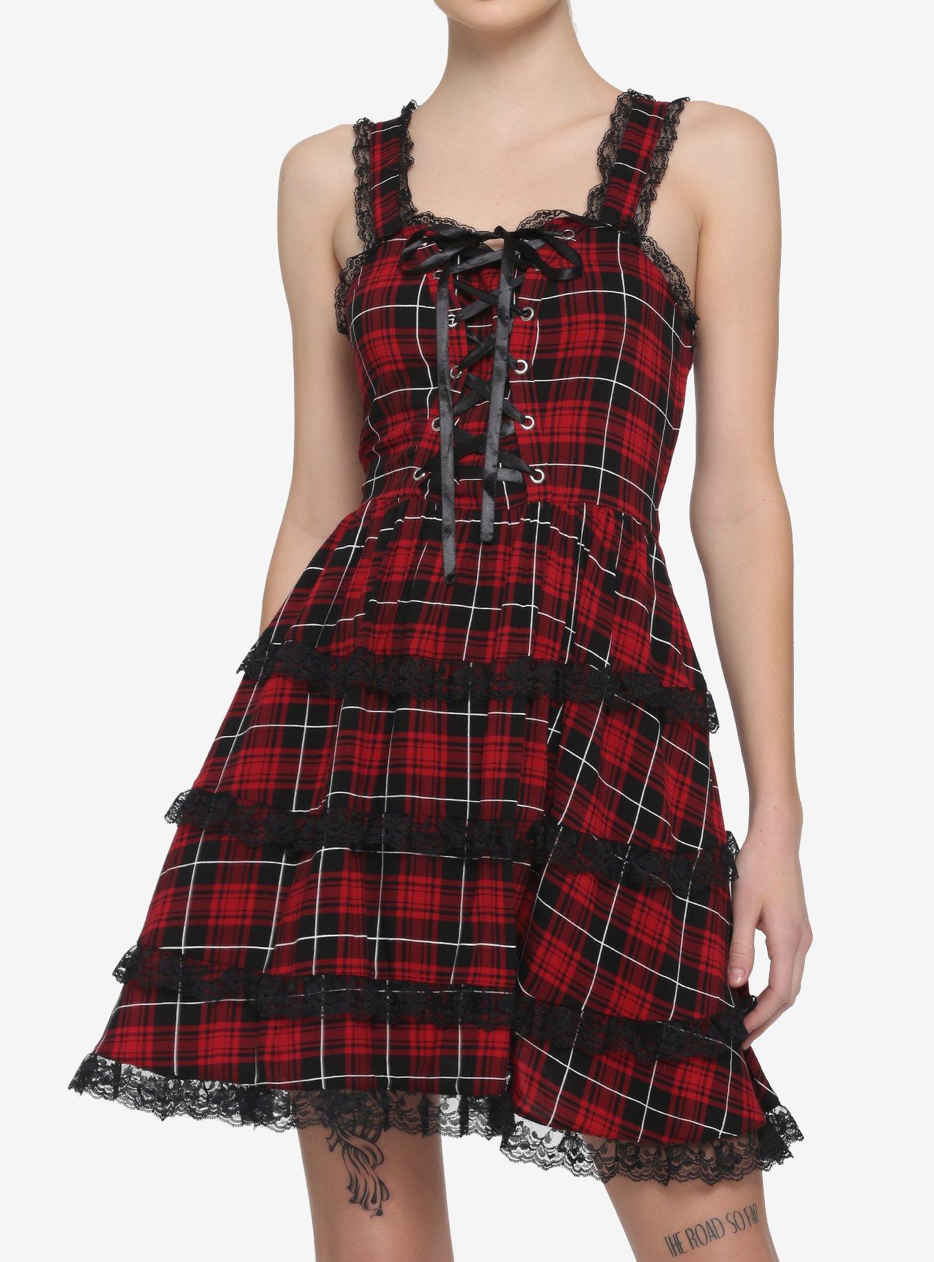 Red & Black Lace-Up Plaid Dress