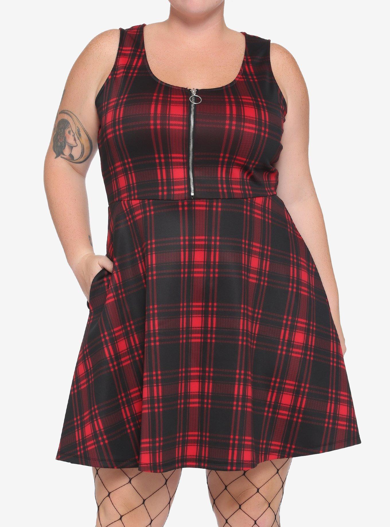 Red & Black Plaid O-Ring Dress Plus Size, PLAID - RED, hi-res