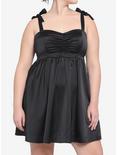 Black Ruched Tie Strap Babydoll Dress Plus Size, BLACK, hi-res