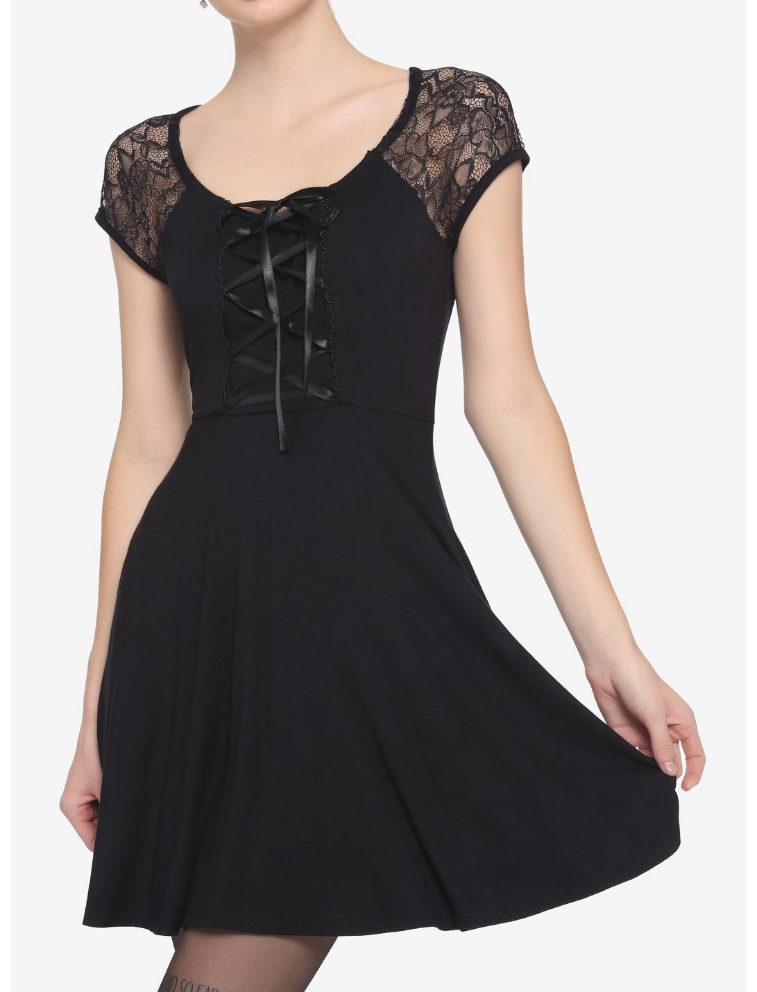 Black Corset Lace-Up Front Lace Sleeves Dress, BLACK, hi-res