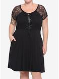Black Corset Lace-Up Front Lace Sleeve Dress Plus Size, BLACK, hi-res