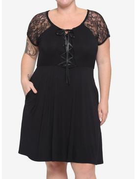 Black Corset Lace-Up Front Lace Sleeve Dress Plus Size, , hi-res
