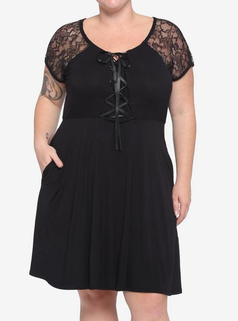 Black Corset Lace-Up Front Lace Sleeve Dress Plus Size | Hot Topic