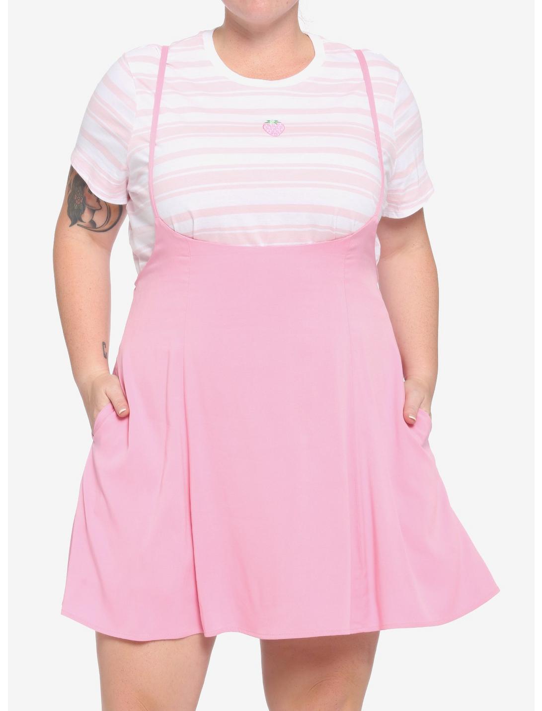 Pink High-Waisted Spaghetti Strap Suspender Skirt Plus Size, PINK, hi-res