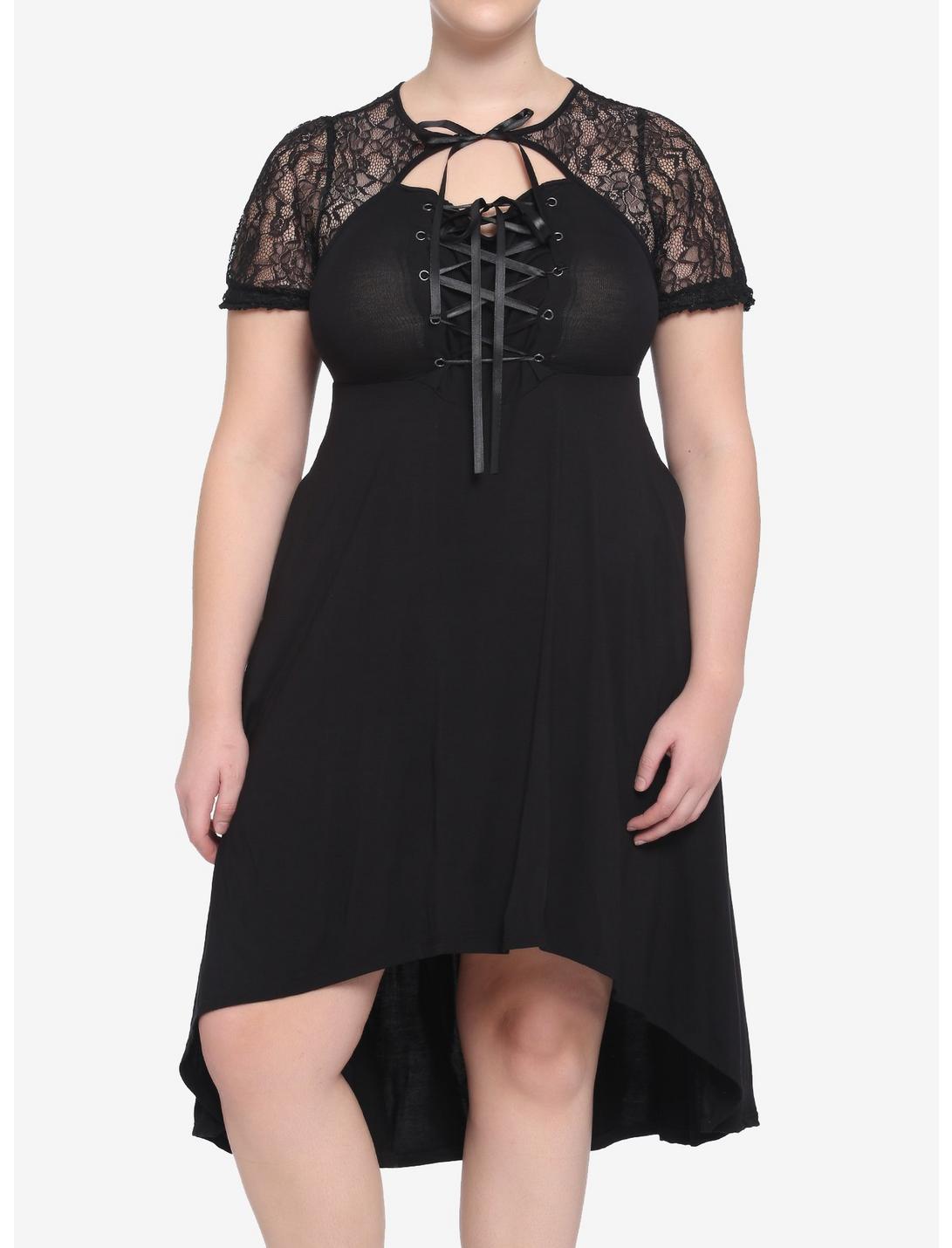 Black Lace-Up Hi-Low Dress Plus Size, BLACK, hi-res