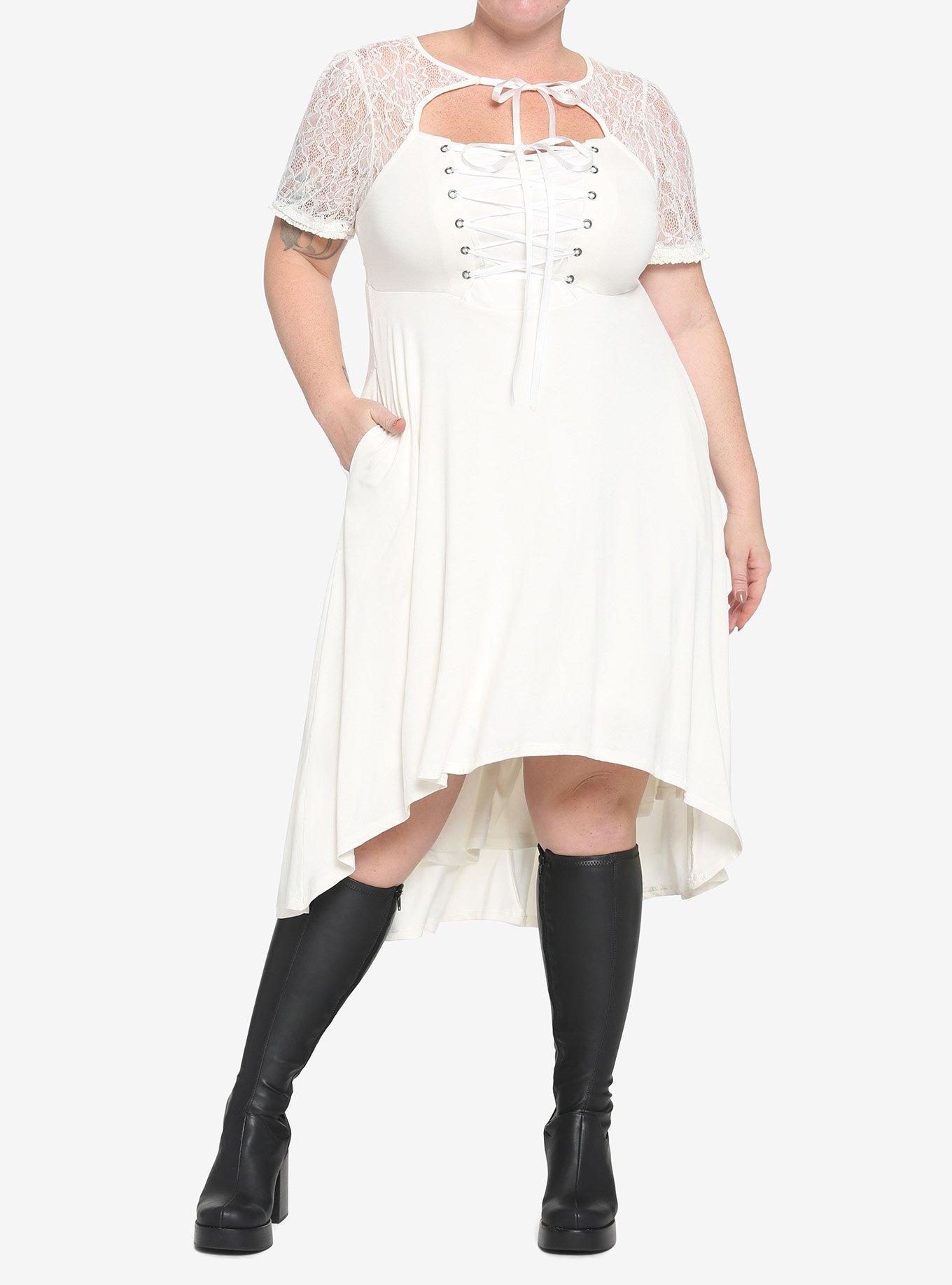 Ivory Lace-Up Hi-Low Dress Plus Size, IVORY, hi-res