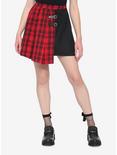 Red & Black Plaid Asymmetrical Buckle Skirt, PLAID - RED, hi-res
