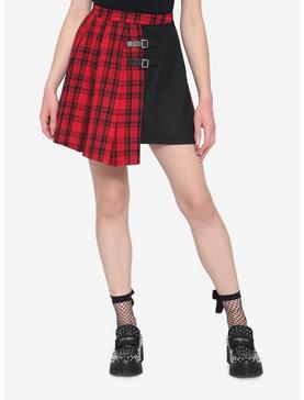 Red & Black Plaid Asymmetrical Buckle Skirt, , hi-res