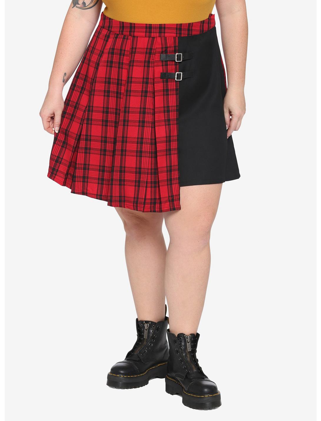 Red & Black Plaid Asymmetrical Buckle Skirt Plus Size, PLAID - RED, hi-res