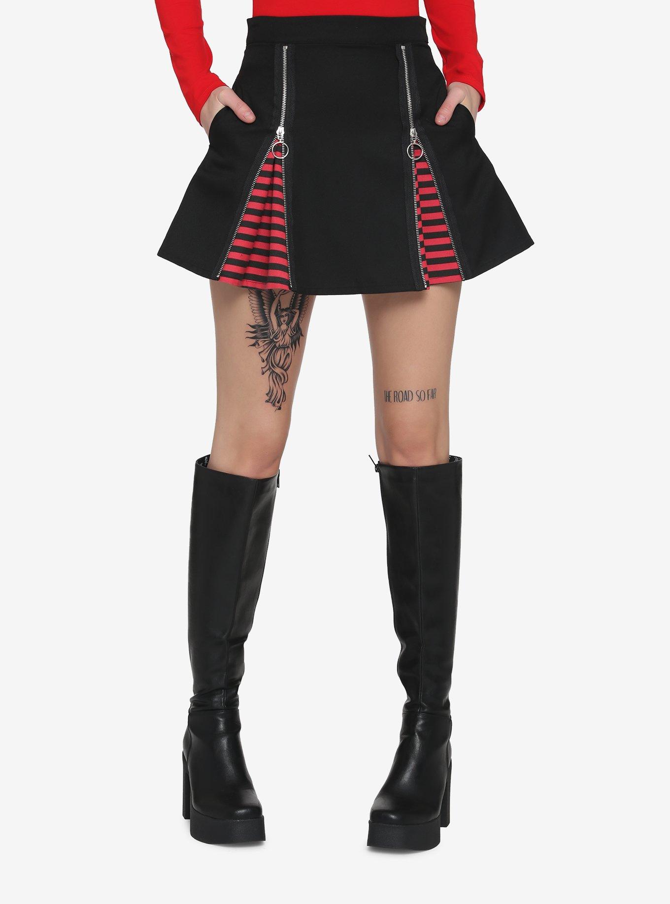 Black & Red Stripe Zipper Insert Skirt, MULTI, hi-res