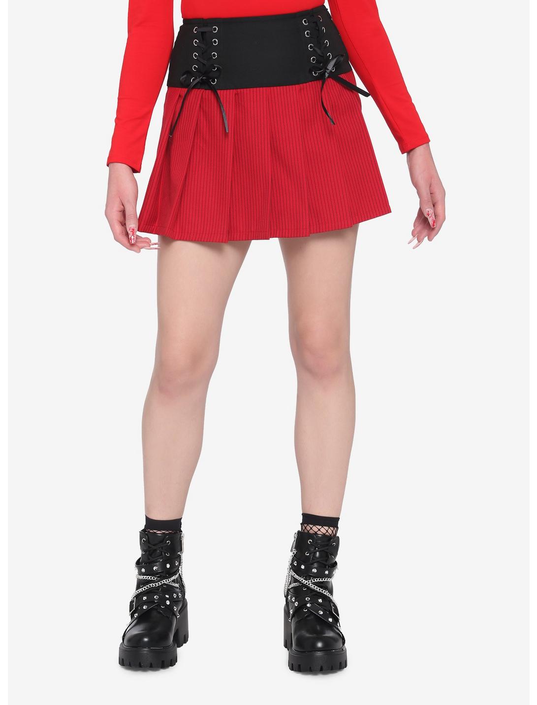 Black & Red Lace-Up Yoke Skirt, PINSTRIPE, hi-res