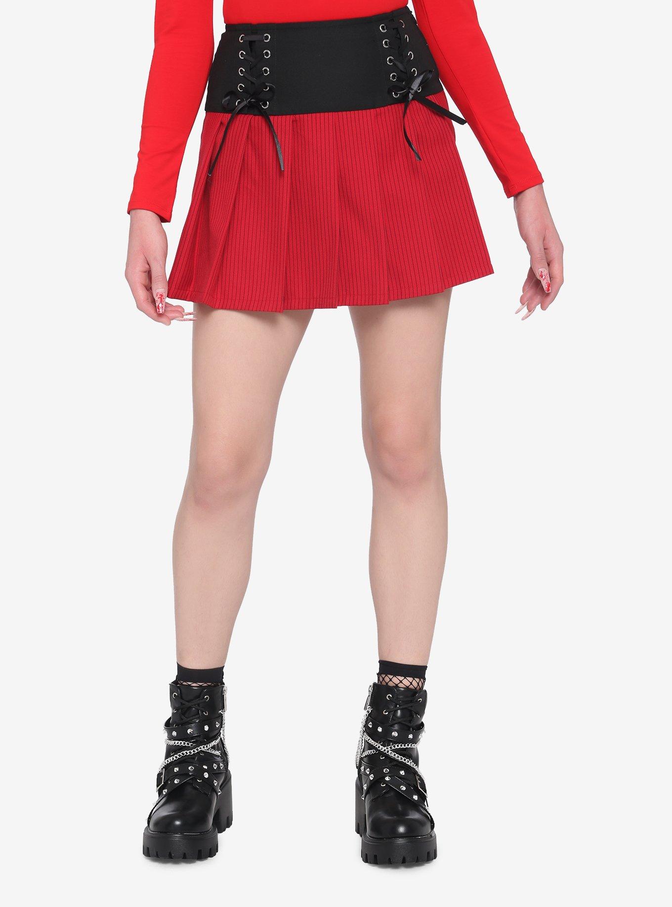 Black & Red Lace-Up Yoke Skirt, , hi-res