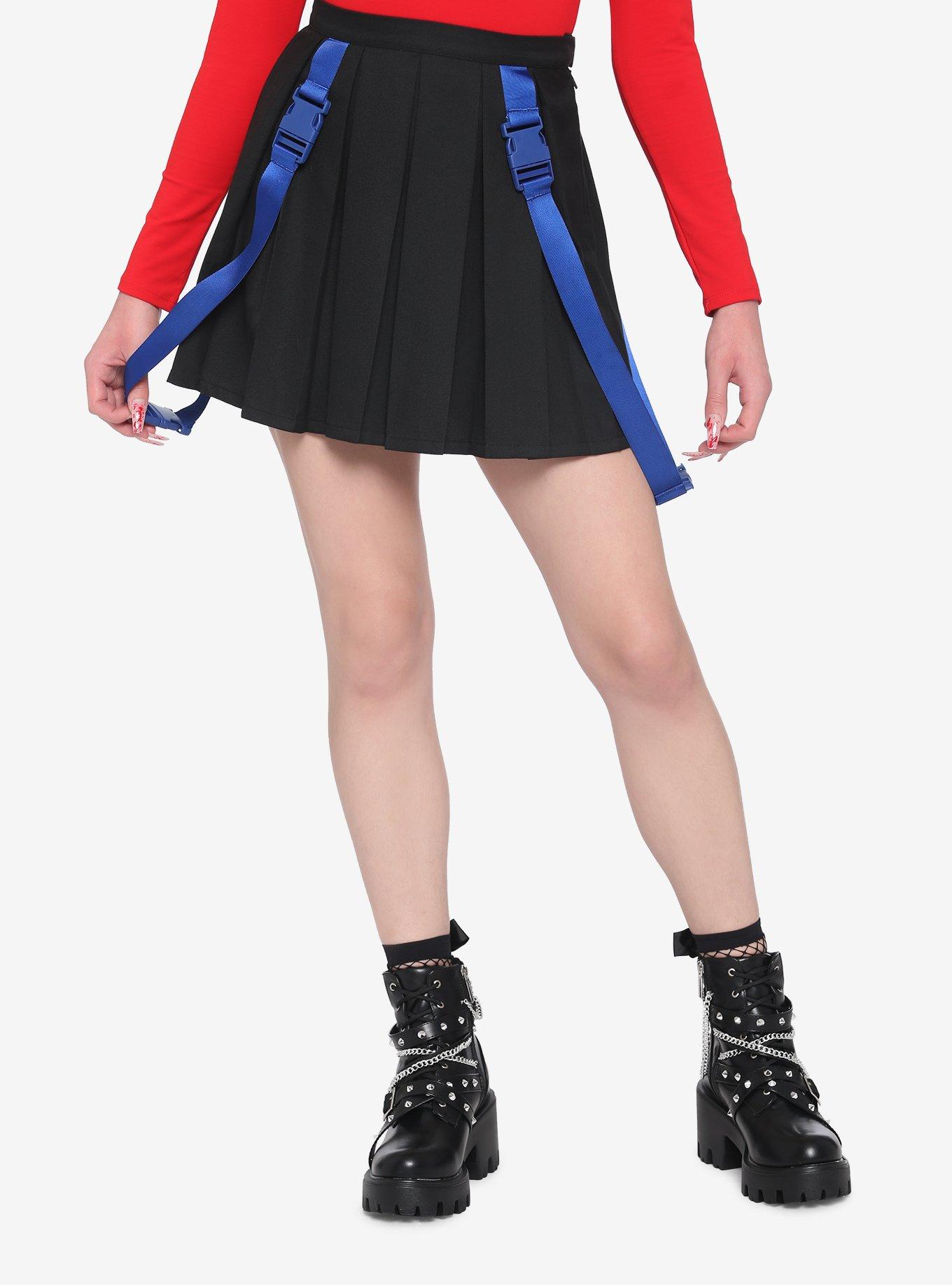 Black Blue Buckle Strap Pleated Skirt Hot Topic