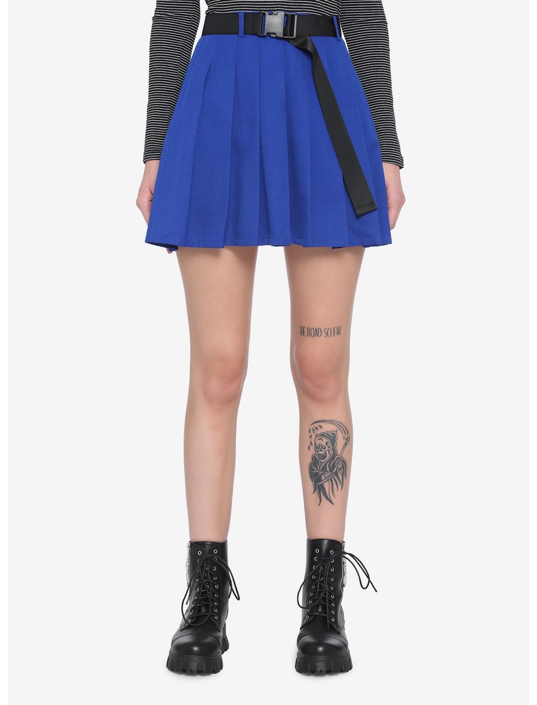 Blue & Black Buckle Belt Skirt, BLUE, hi-res