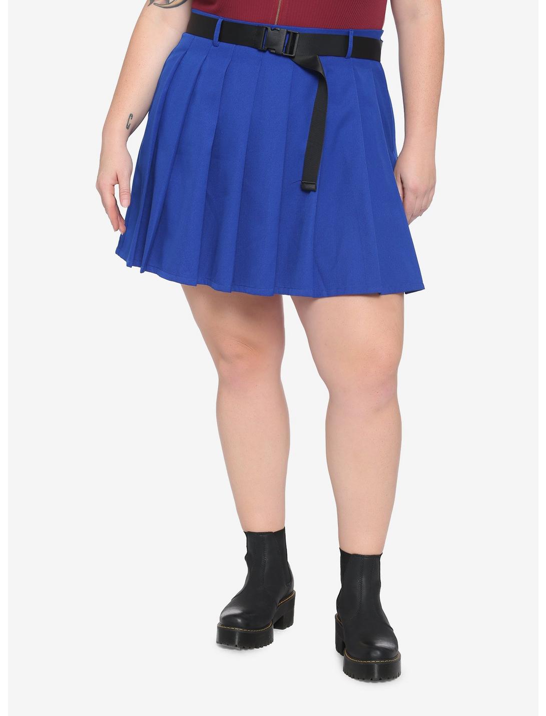 Blue & Black Buckle Belt Skirt Plus Size, BLUE, hi-res