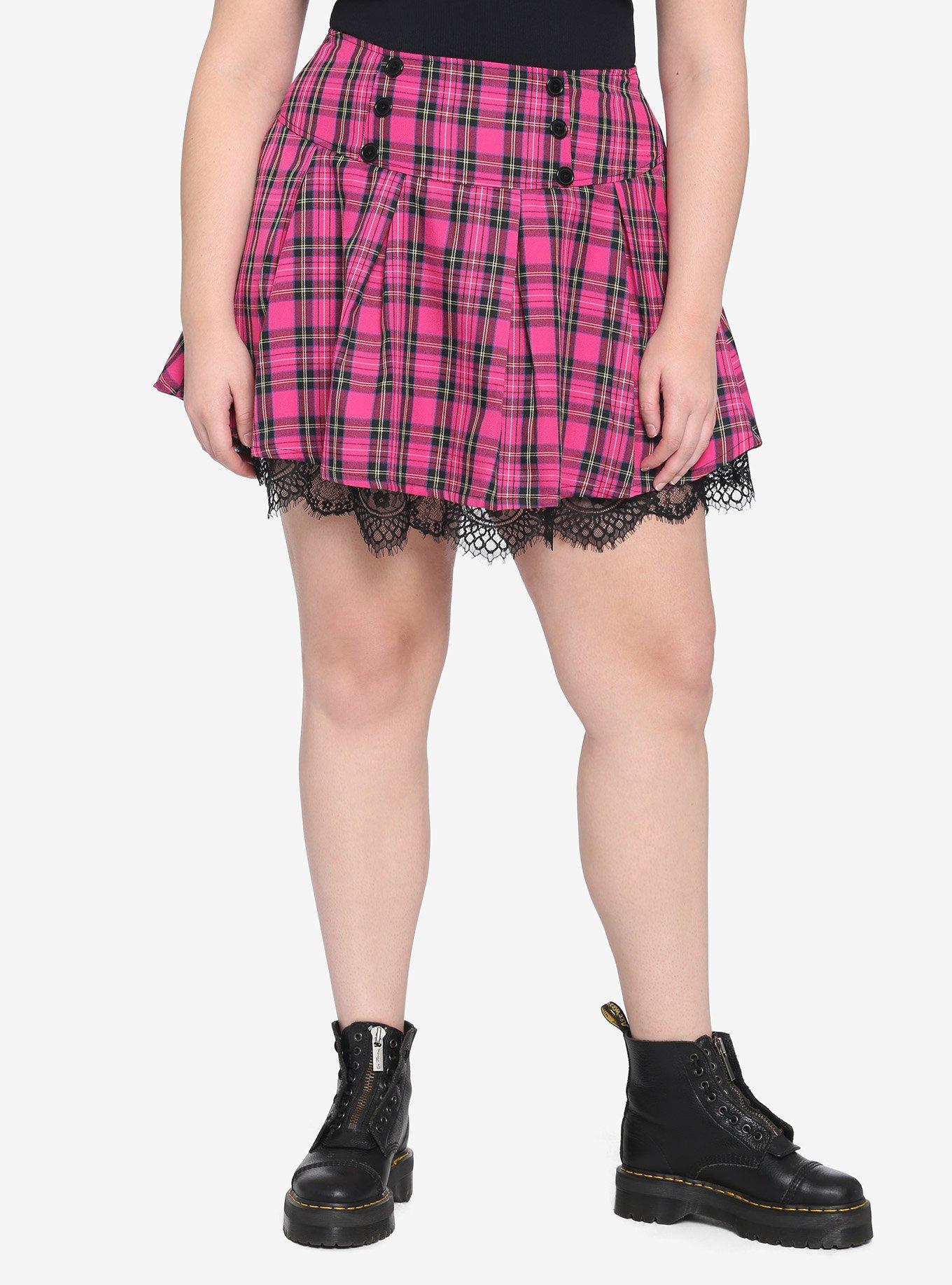 Pink Tartan Lace Trim Pleated Skirt Plus Size, PLAID - PINK, hi-res