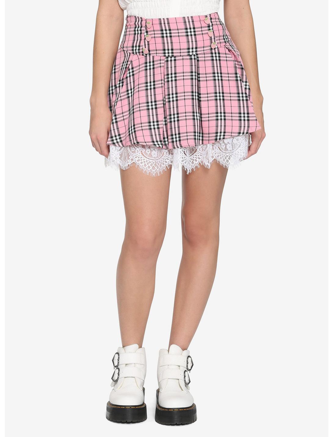 Pink Plaid Strawberry Lace Trim Skirt | Hot Topic