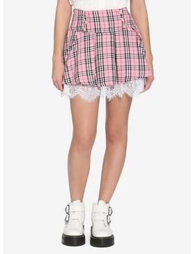 Pink Plaid Strawberry Lace Trim Skirt, , hi-res