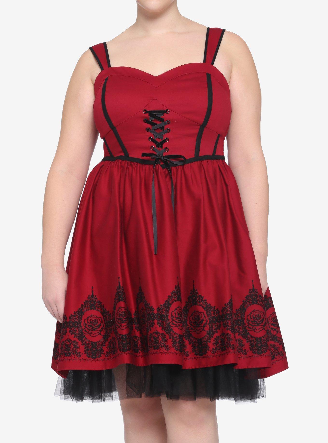 Red Roses Lace-Front Dress Plus Size, RED, hi-res