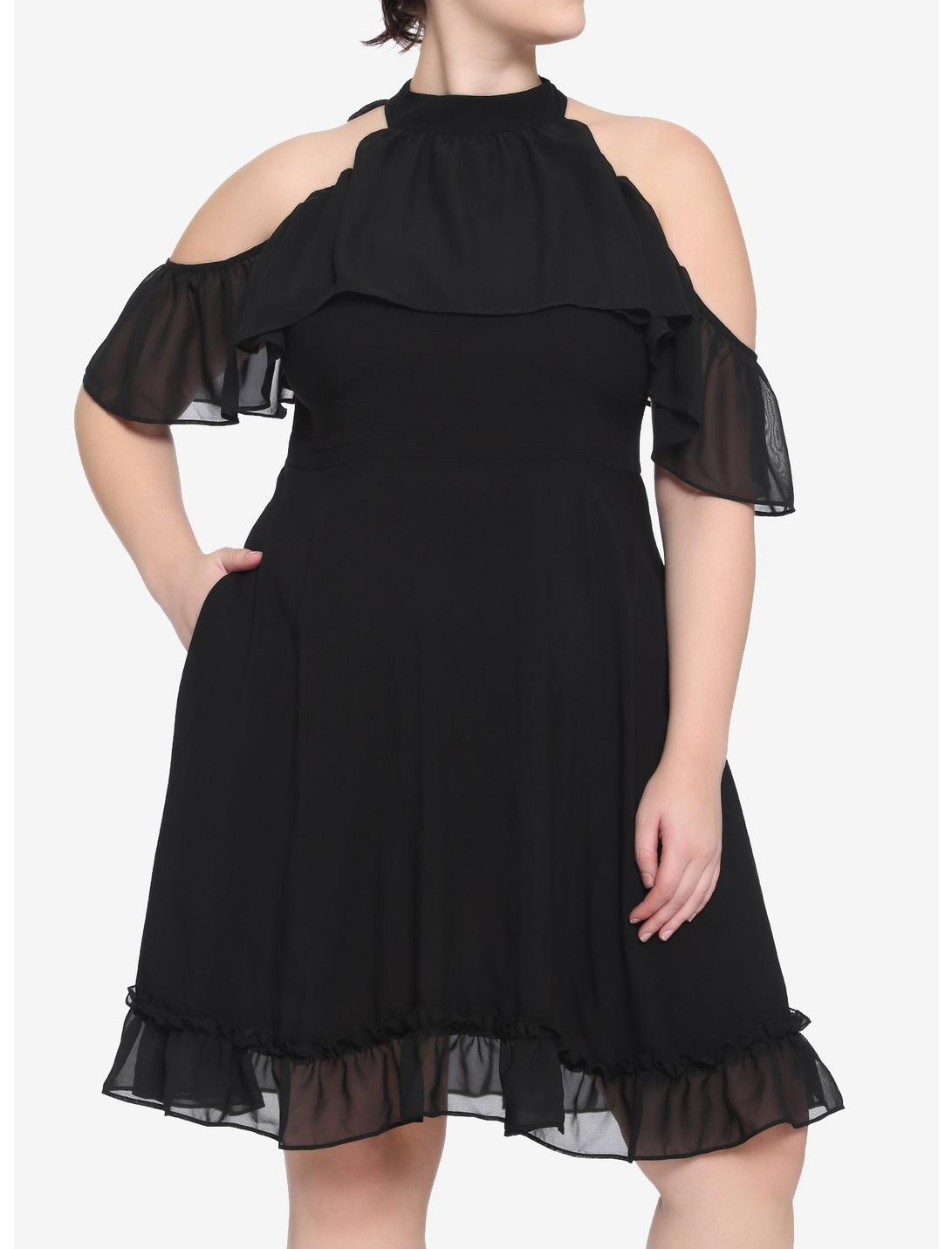 Black Ruffle Cold Shoulder Dress Plus Size, BLACK, hi-res