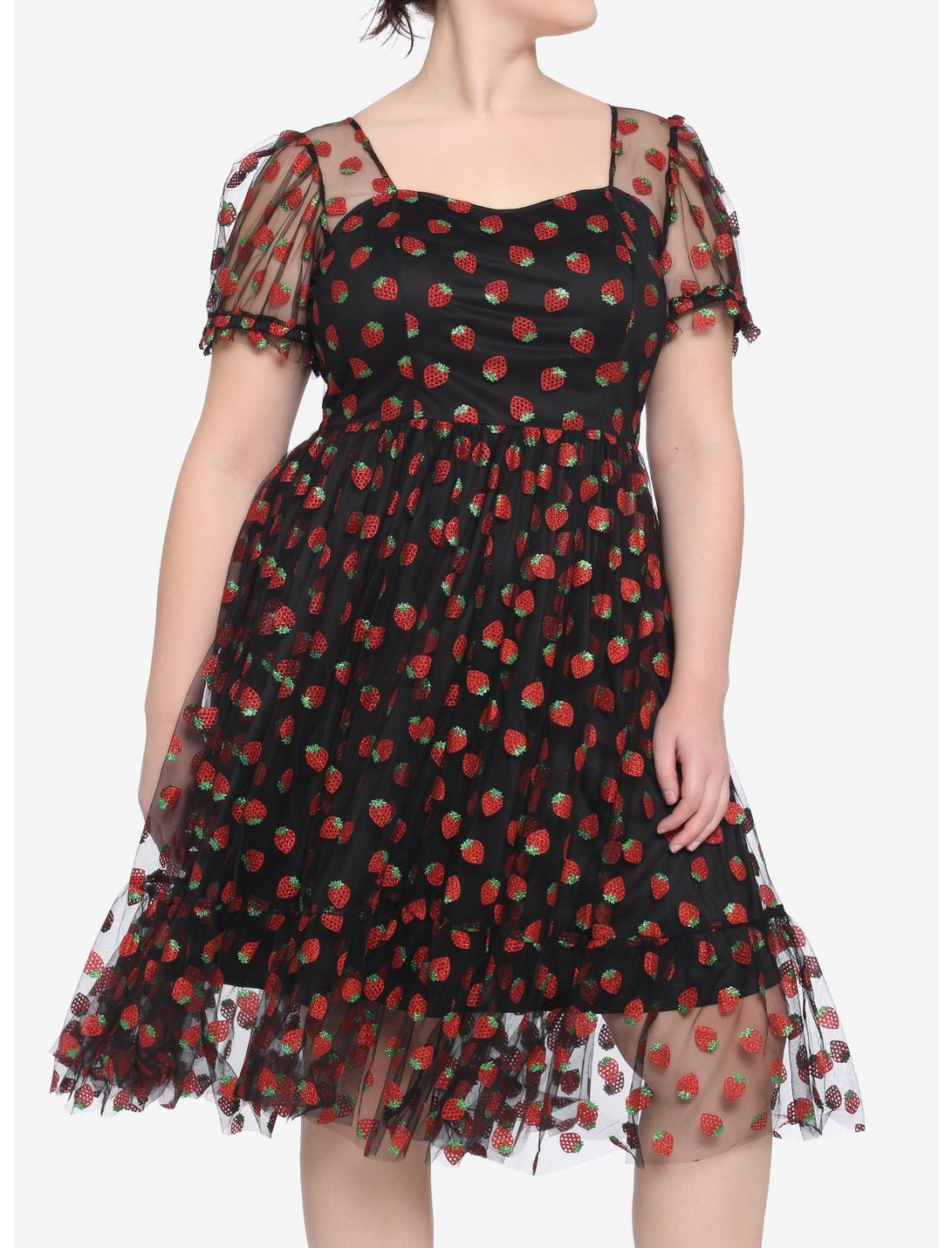 Strawberry Glitter Mesh Dress Plus Size, STRAWBERRY - BLACK, hi-res