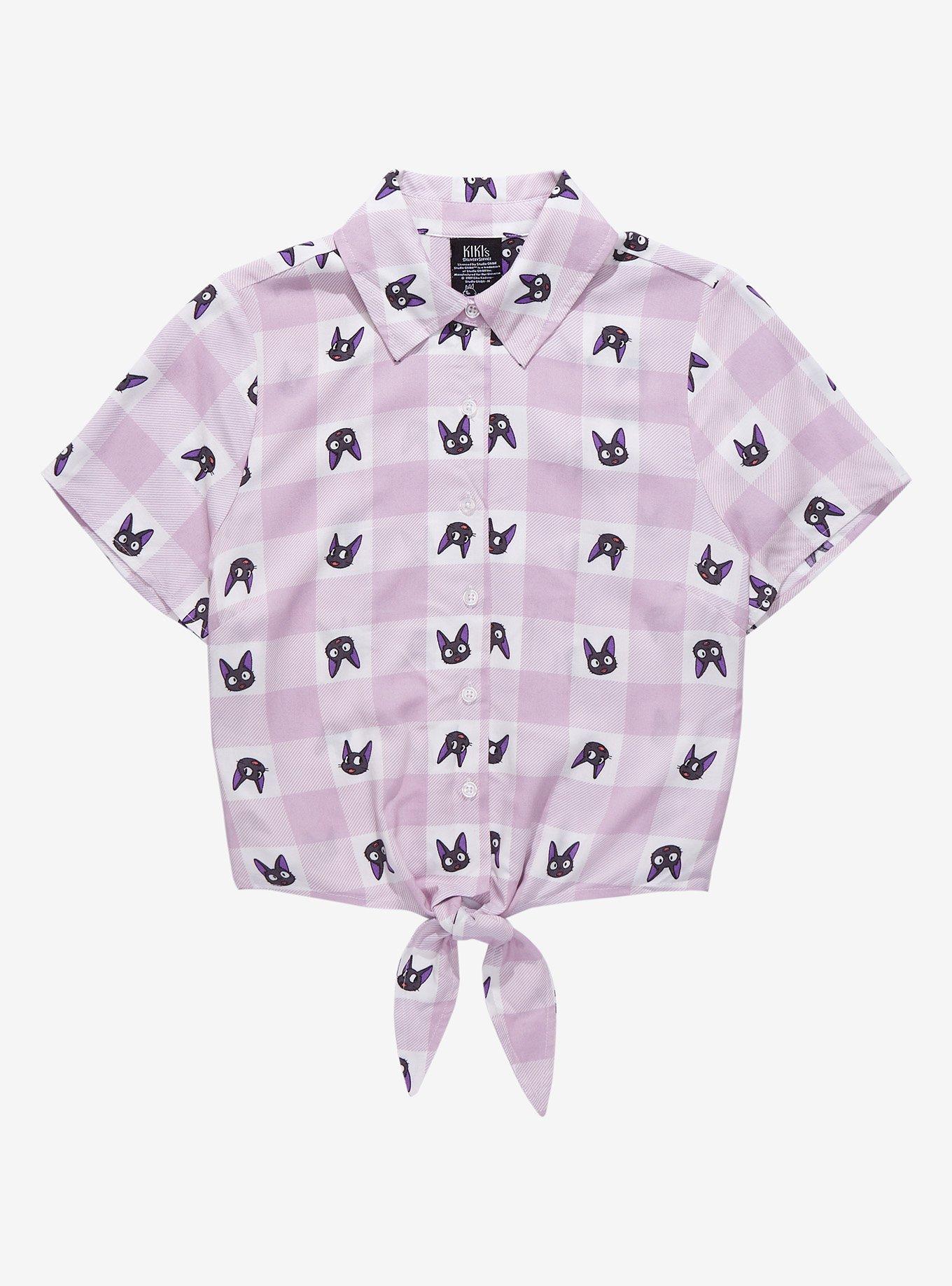 Her Universe Studio Ghibli Kiki&rsquo;s Delivery Service Jiji Plaid Women&rsquo;s Tie-Front Woven Top, PLAID, hi-res