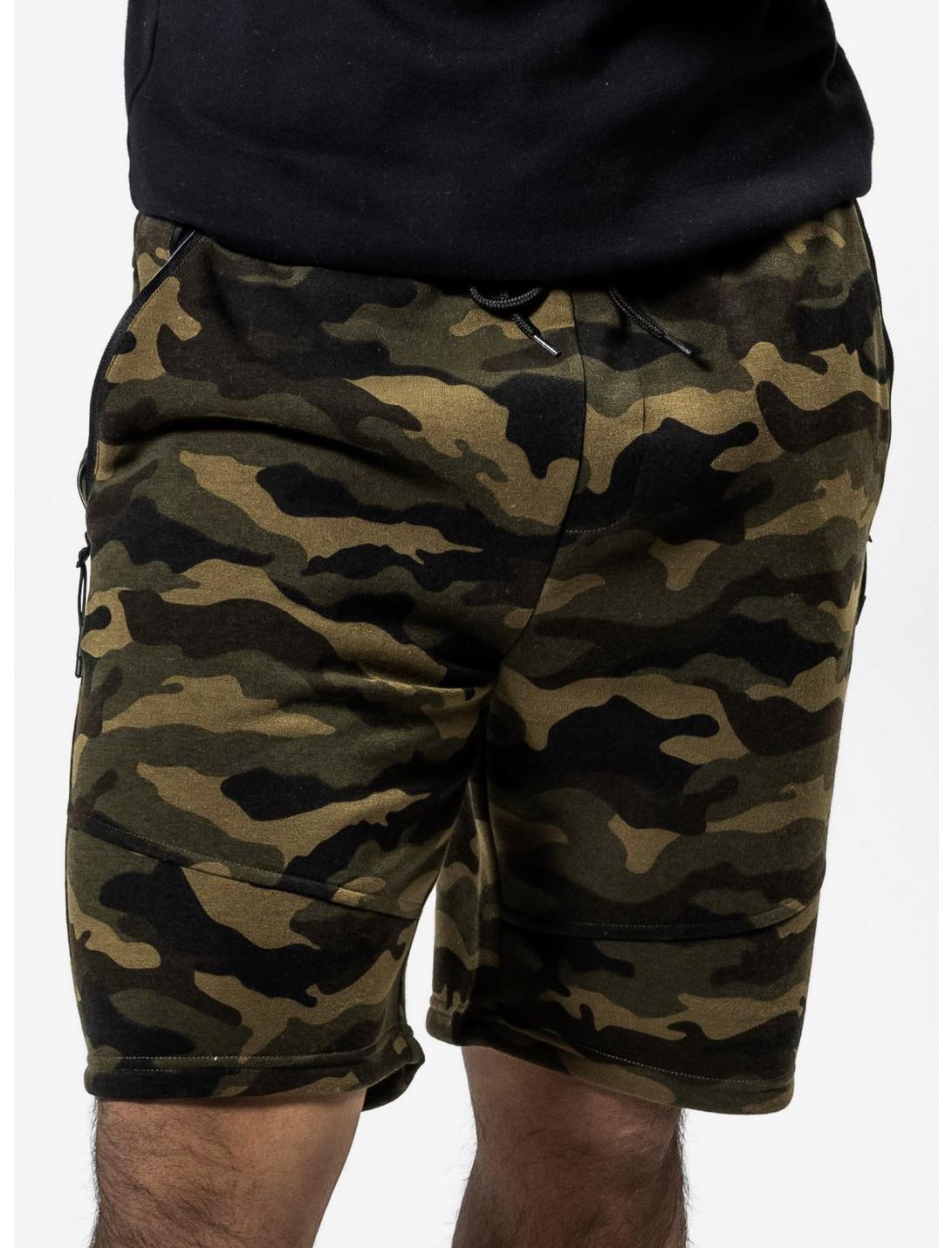 Camo Slant Zipper Pocket Shorts, GREEN, hi-res