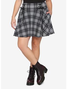 Grey & Black Plaid Lace-Up Yoke Skirt, , hi-res