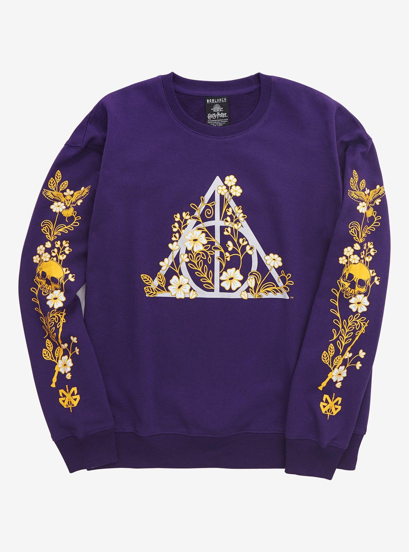 Harry Potter Deathly Hollows Logo Floral Crewneck - BoxLunch Exclusive, PURPLE, hi-res