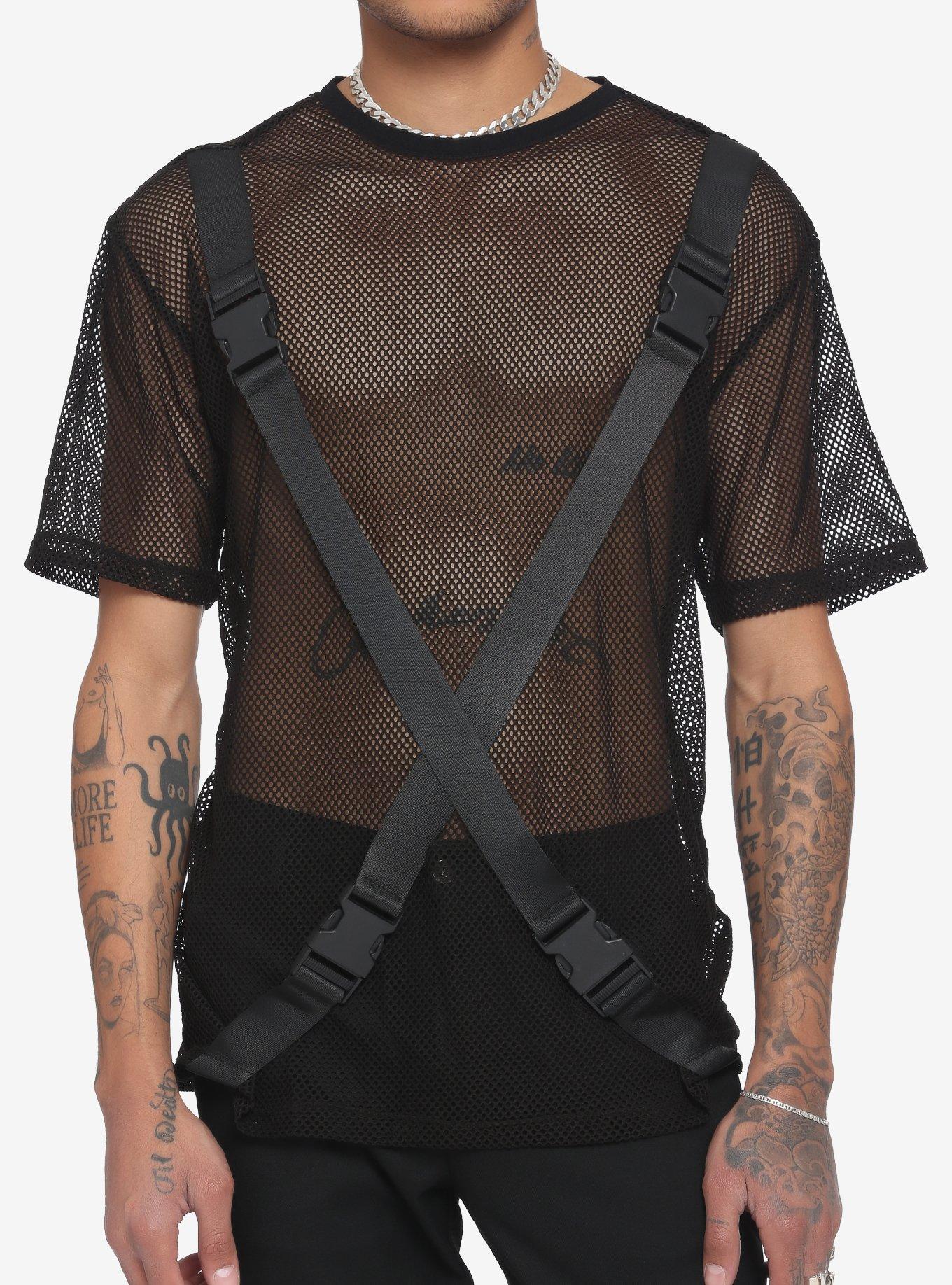 Black Buckle Straps Mesh T-Shirt, BLACK, hi-res