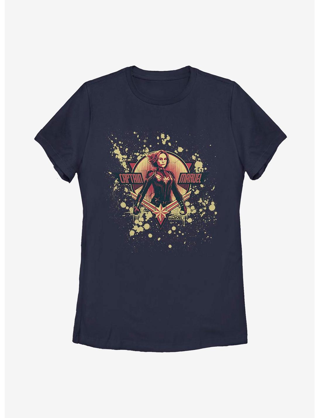 Marvel Captain Marvel Splatter Grunge Marvel Logo Womens T-Shirt, NAVY, hi-res