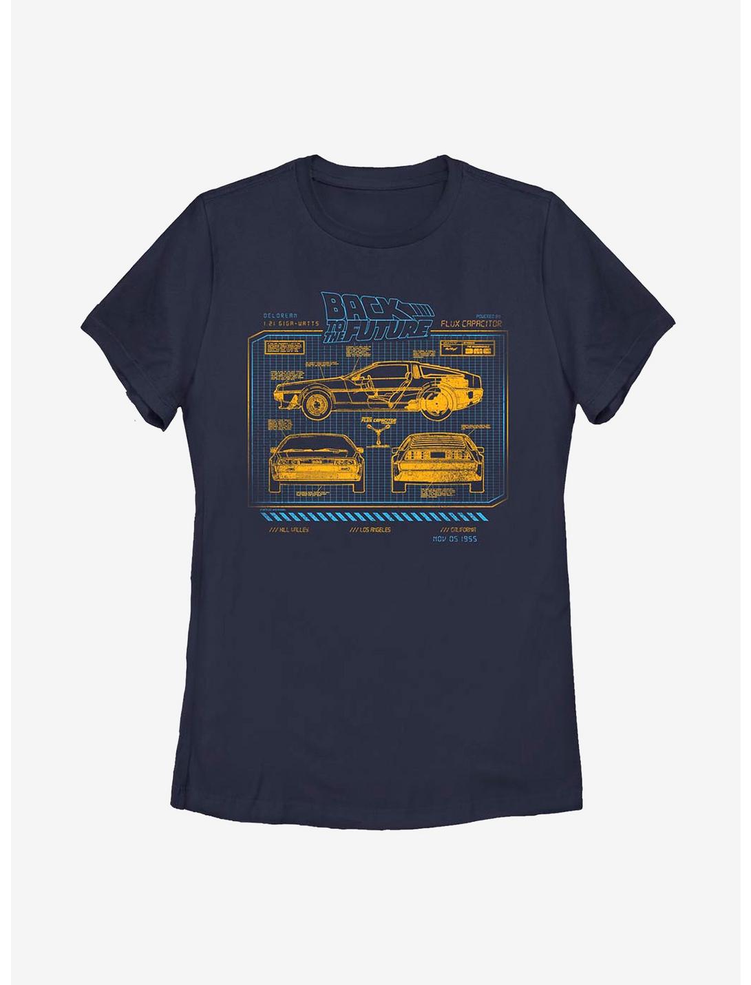 Back To The Future DeLorean Schematic Womens T-Shirt, NAVY, hi-res