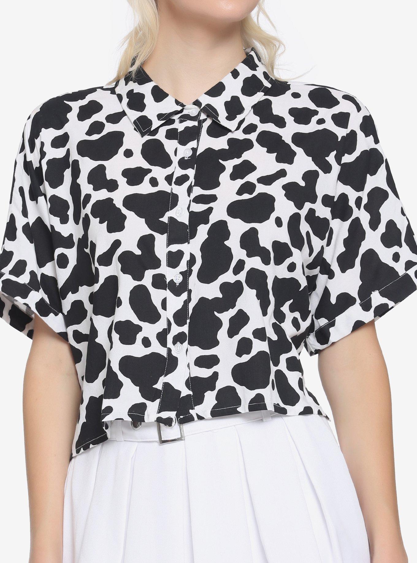 Cow Print Boxy Girls Crop Woven Button-Up, MULTI, hi-res