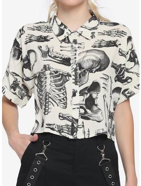 Anatomical Skeleton Sepia Boxy Girls Crop Woven Button-Up, , hi-res